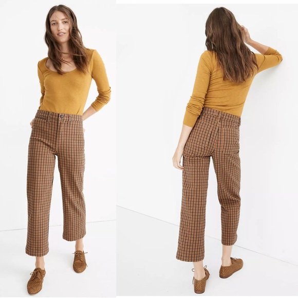 Madewell Pants - MADEWELL Brown & Tan Checkered Plaid Slim Wide Leg Crop Emmett Pants 25 or 0